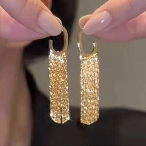 NEW 18K Gold Plated Chain Fringe Drop Hoop Earrings